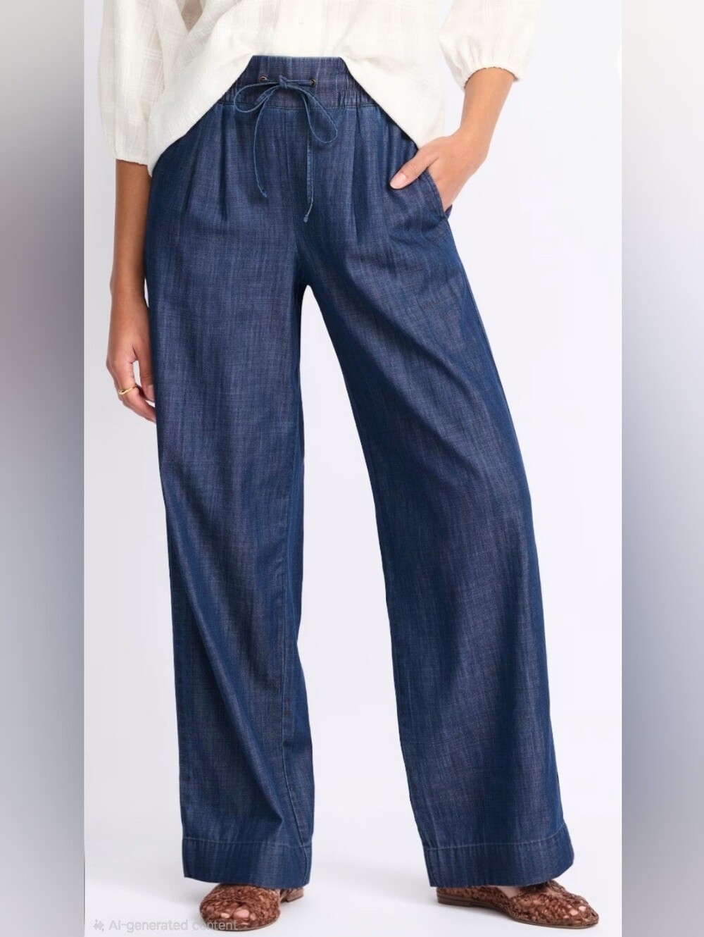 Wide-Leg Denim-Style Pull-On Pants - Blue